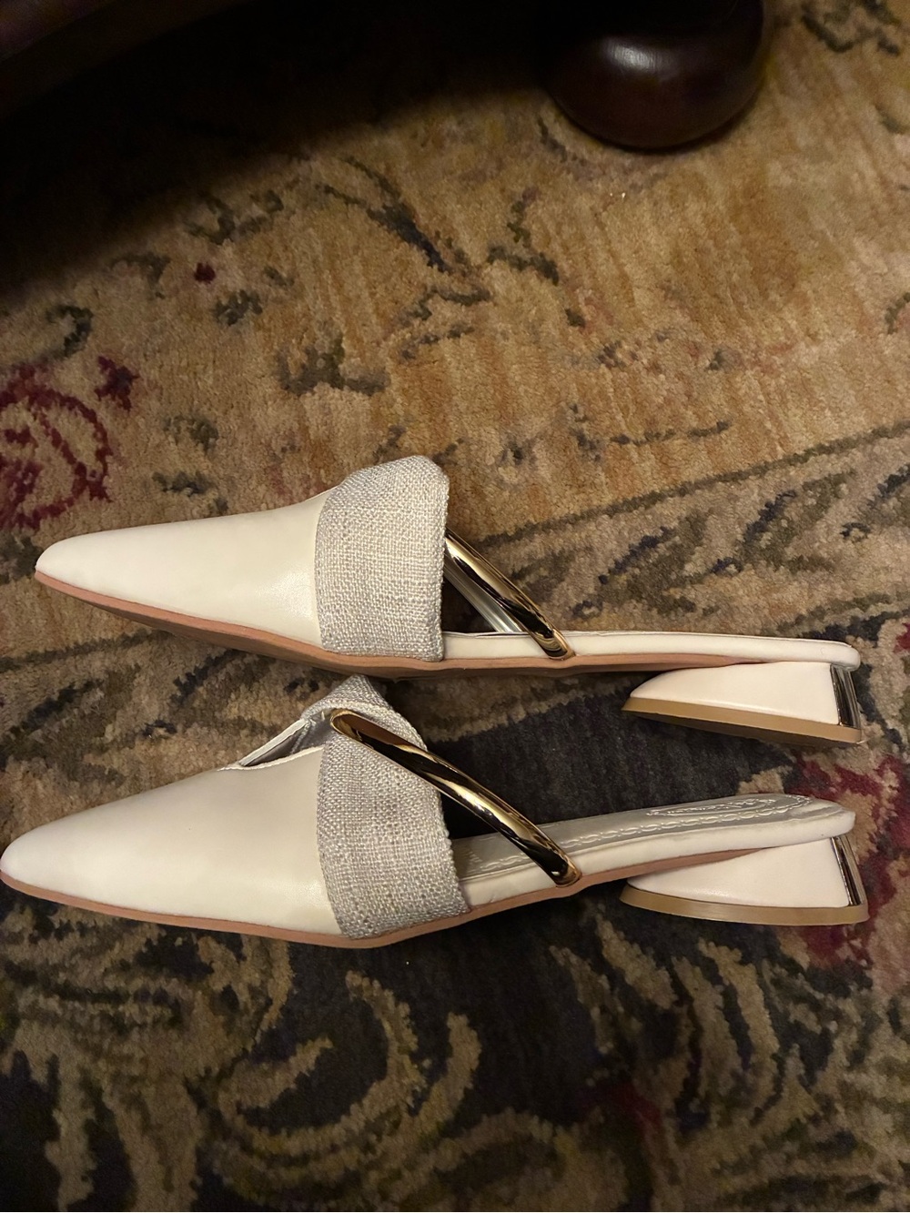 Womens Cream Leather Slip-On Pointed Mules with Metallic Accent